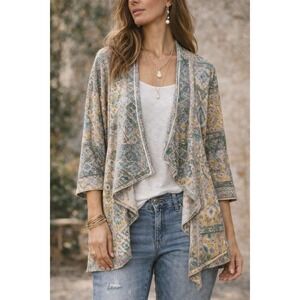 Cato Soft Knit Waterfall Cardigan L Open Front Patchwork Print Lightweight Boho